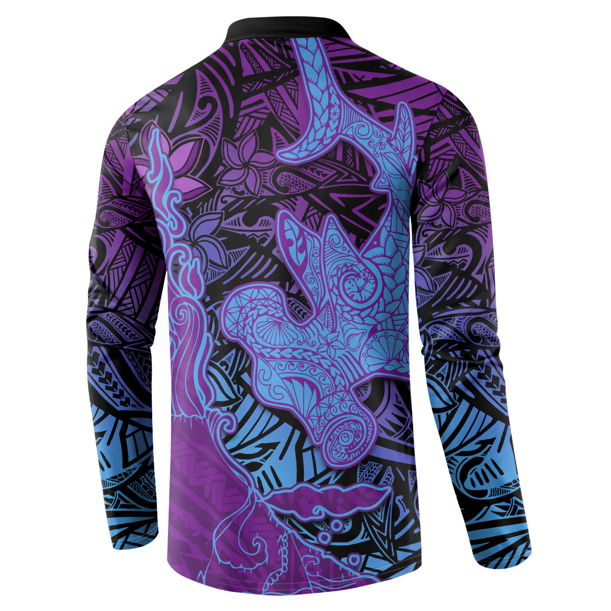 Hawaiian Volcano and Shark Button Sweatshirt Polynesian and Hibiscus Pattern Violet Gradient LT03 - Polynesian Pride