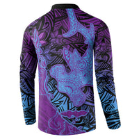 Hawaiian Volcano and Shark Button Sweatshirt Polynesian and Hibiscus Pattern Violet Gradient LT03 - Polynesian Pride