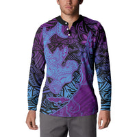 Hawaiian Volcano and Shark Button Sweatshirt Polynesian and Hibiscus Pattern Violet Gradient LT03 - Polynesian Pride