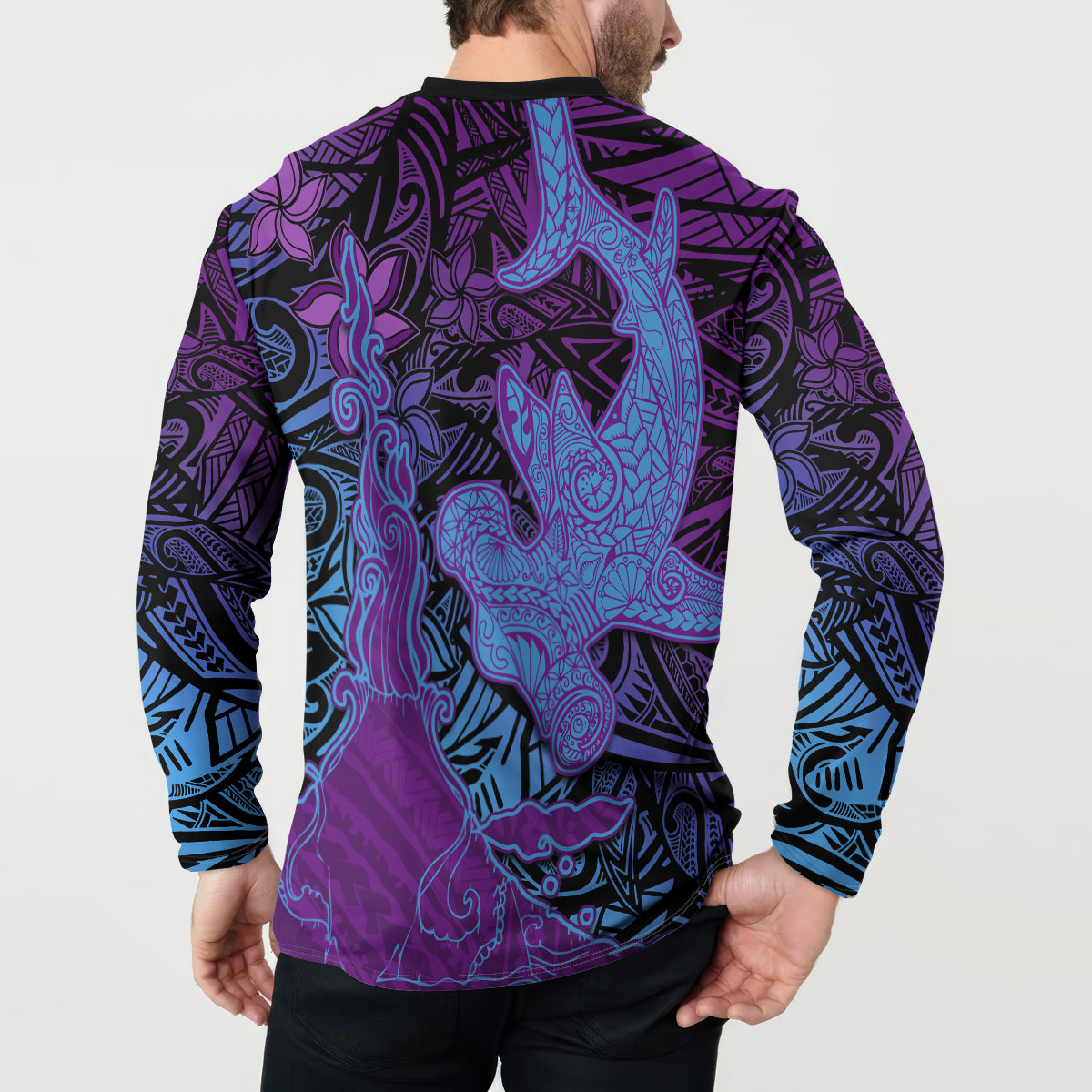 Hawaiian Volcano and Shark Button Sweatshirt Polynesian and Hibiscus Pattern Violet Gradient LT03 - Polynesian Pride