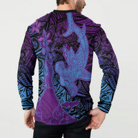 Hawaiian Volcano and Shark Button Sweatshirt Polynesian and Hibiscus Pattern Violet Gradient LT03 - Polynesian Pride