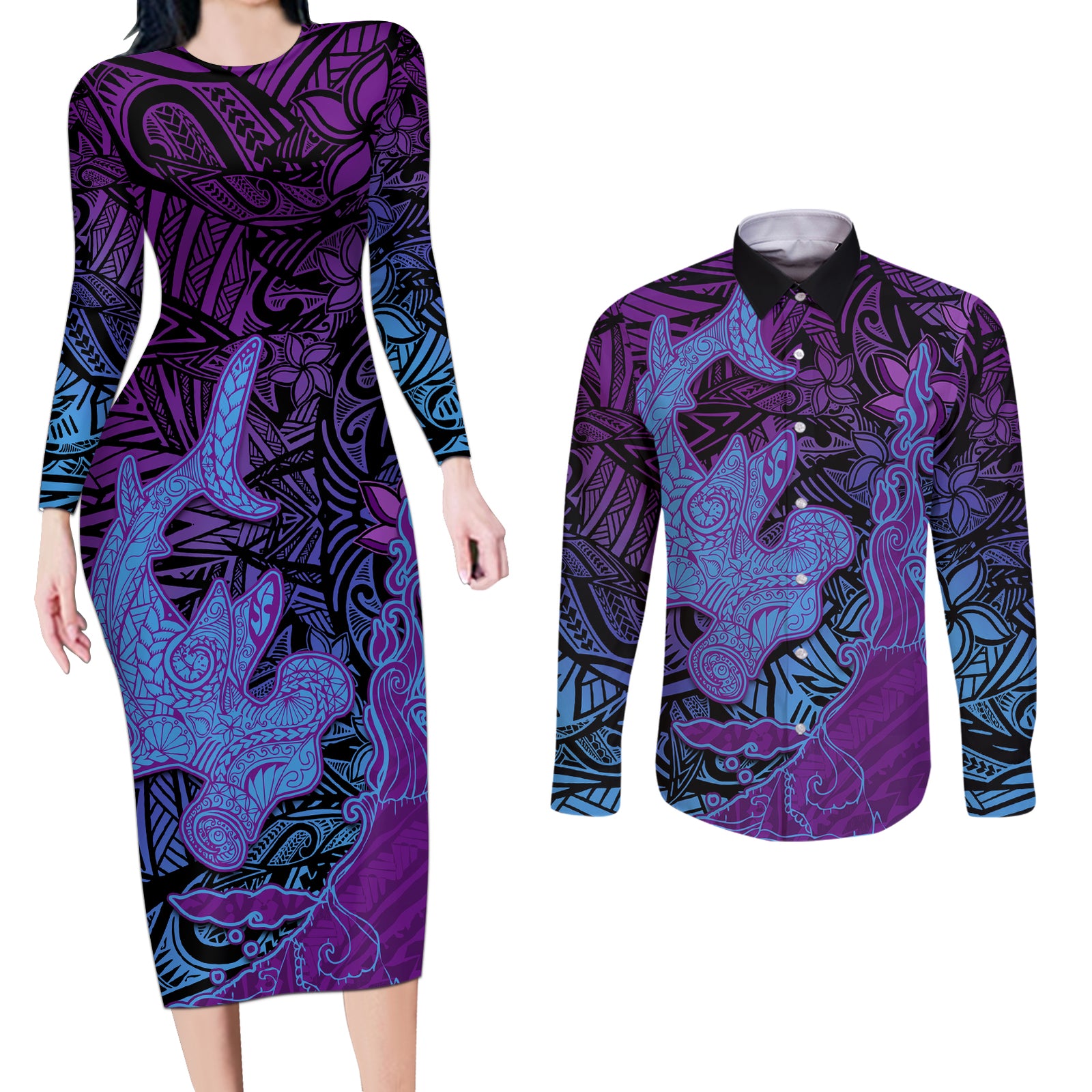 Hawaiian Volcano and Shark Couples Matching Long Sleeve Bodycon Dress and Long Sleeve Button Shirt Polynesian and Hibiscus Pattern Violet Gradient
