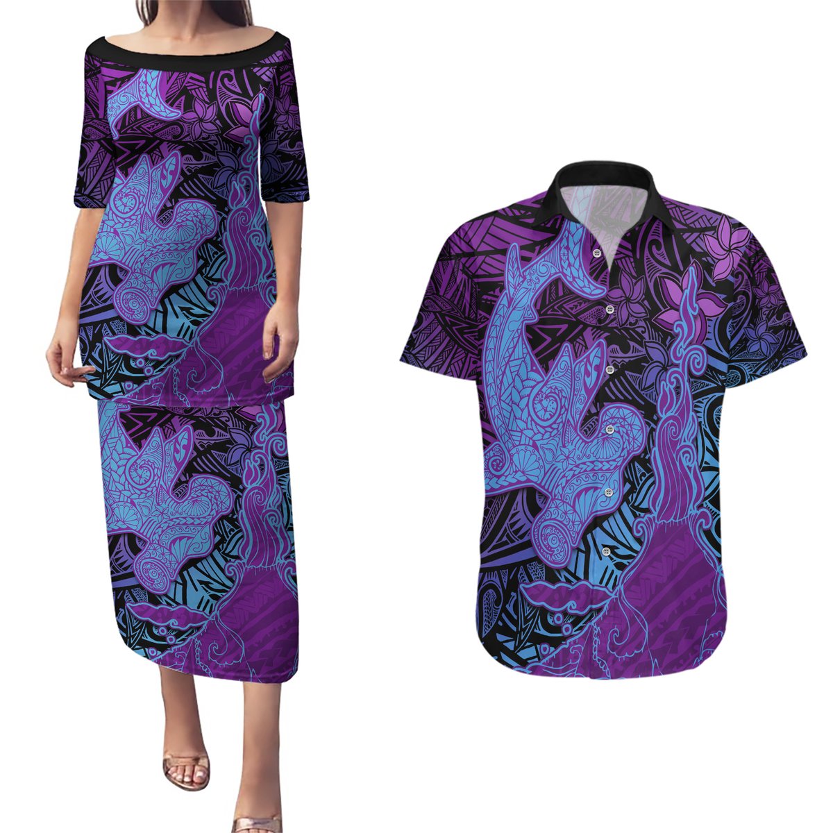 Hawaiian Volcano and Shark Couples Matching Puletasi and Hawaiian Shirt Polynesian and Hibiscus Pattern Violet Gradient