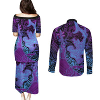 Hawaiian Volcano and Shark Couples Matching Puletasi and Long Sleeve Button Shirt Polynesian and Hibiscus Pattern Violet Gradient
