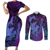 Hawaiian Volcano and Shark Couples Matching Short Sleeve Bodycon Dress and Long Sleeve Button Shirt Polynesian and Hibiscus Pattern Violet Gradient