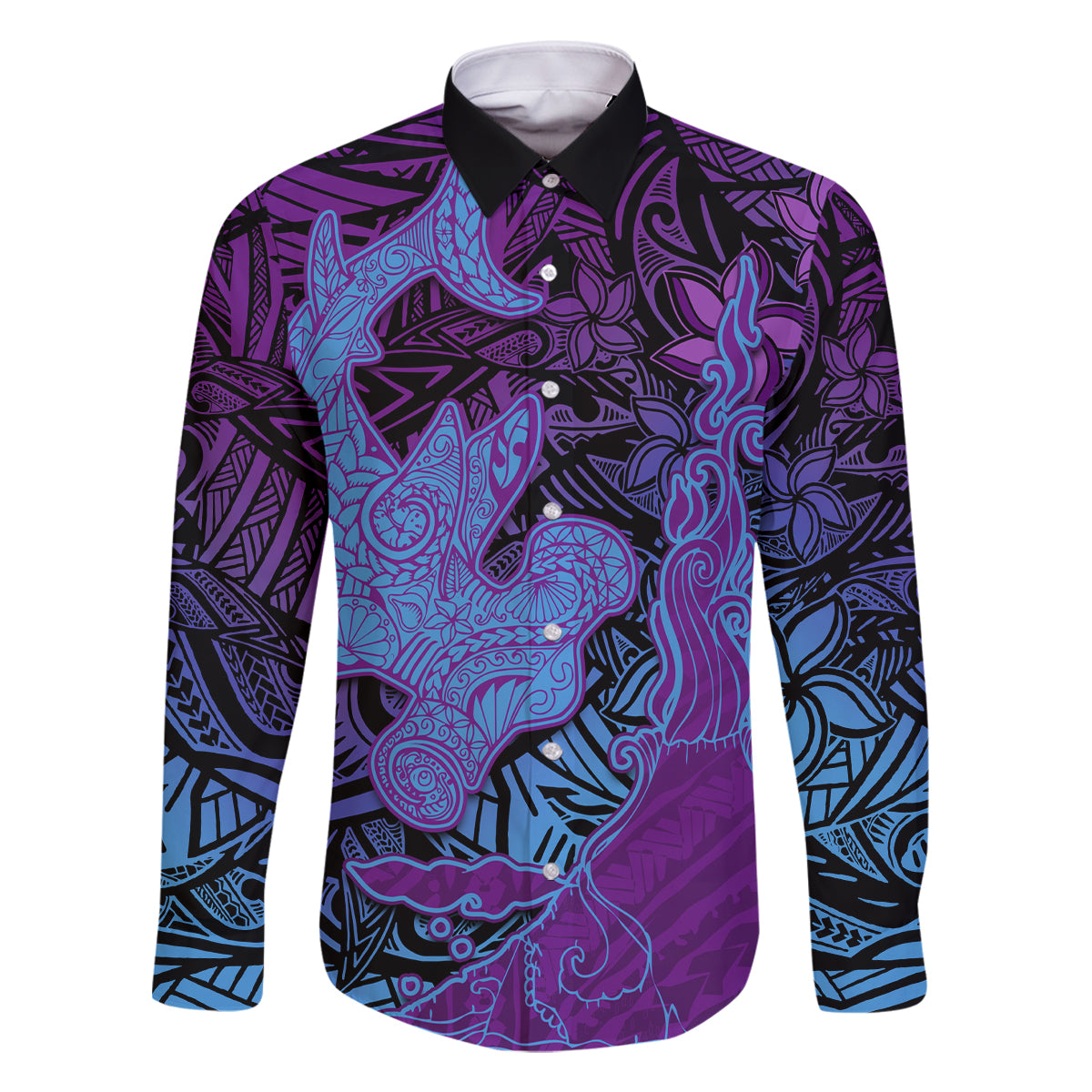 Hawaiian Volcano and Shark Family Matching Long Sleeve Bodycon Dress and Hawaiian Shirt Polynesian and Hibiscus Pattern Violet Gradient