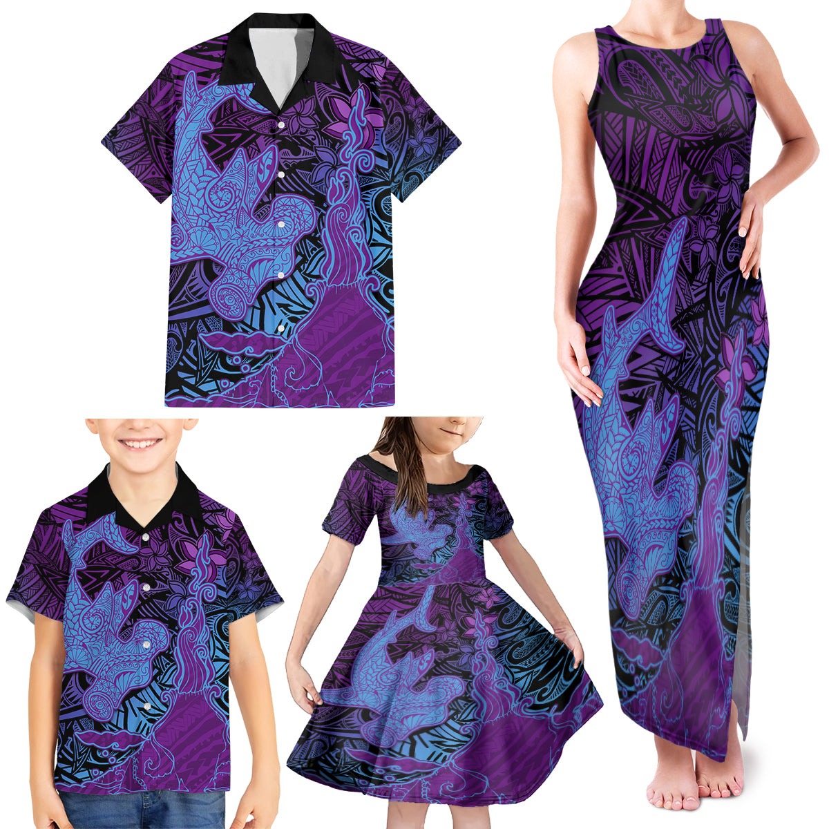 Hawaiian Volcano and Shark Family Matching Tank Maxi Dress and Hawaiian Shirt Polynesian and Hibiscus Pattern Violet Gradient