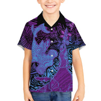 Hawaiian Volcano and Shark Kid Hawaiian Shirt Polynesian and Hibiscus Pattern Violet Gradient LT03 Kid Violet - Polynesian Pride