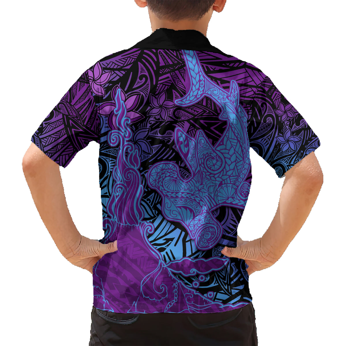Hawaiian Volcano and Shark Kid Hawaiian Shirt Polynesian and Hibiscus Pattern Violet Gradient LT03 - Polynesian Pride