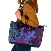 Hawaiian Volcano and Shark Leather Tote Bag Polynesian and Hibiscus Pattern Violet Gradient LT03 Violet - Polynesian Pride