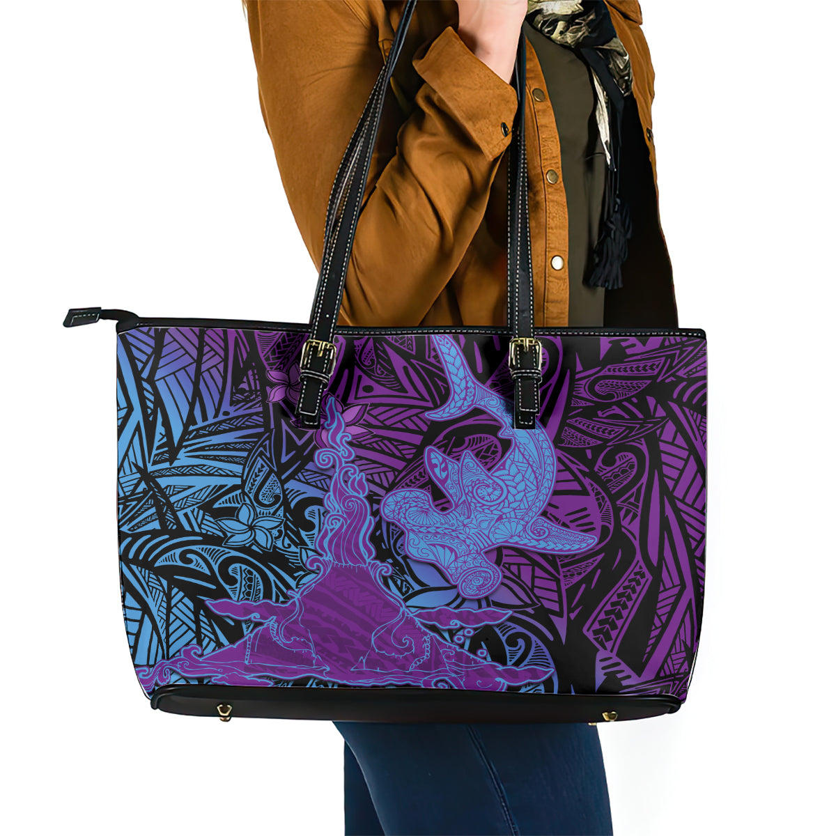 Hawaiian Volcano and Shark Leather Tote Bag Polynesian and Hibiscus Pattern Violet Gradient LT03 - Polynesian Pride