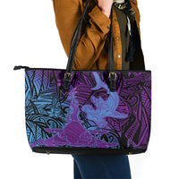 Hawaiian Volcano and Shark Leather Tote Bag Polynesian and Hibiscus Pattern Violet Gradient LT03 - Polynesian Pride