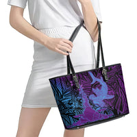 Hawaiian Volcano and Shark Leather Tote Bag Polynesian and Hibiscus Pattern Violet Gradient LT03 - Polynesian Pride