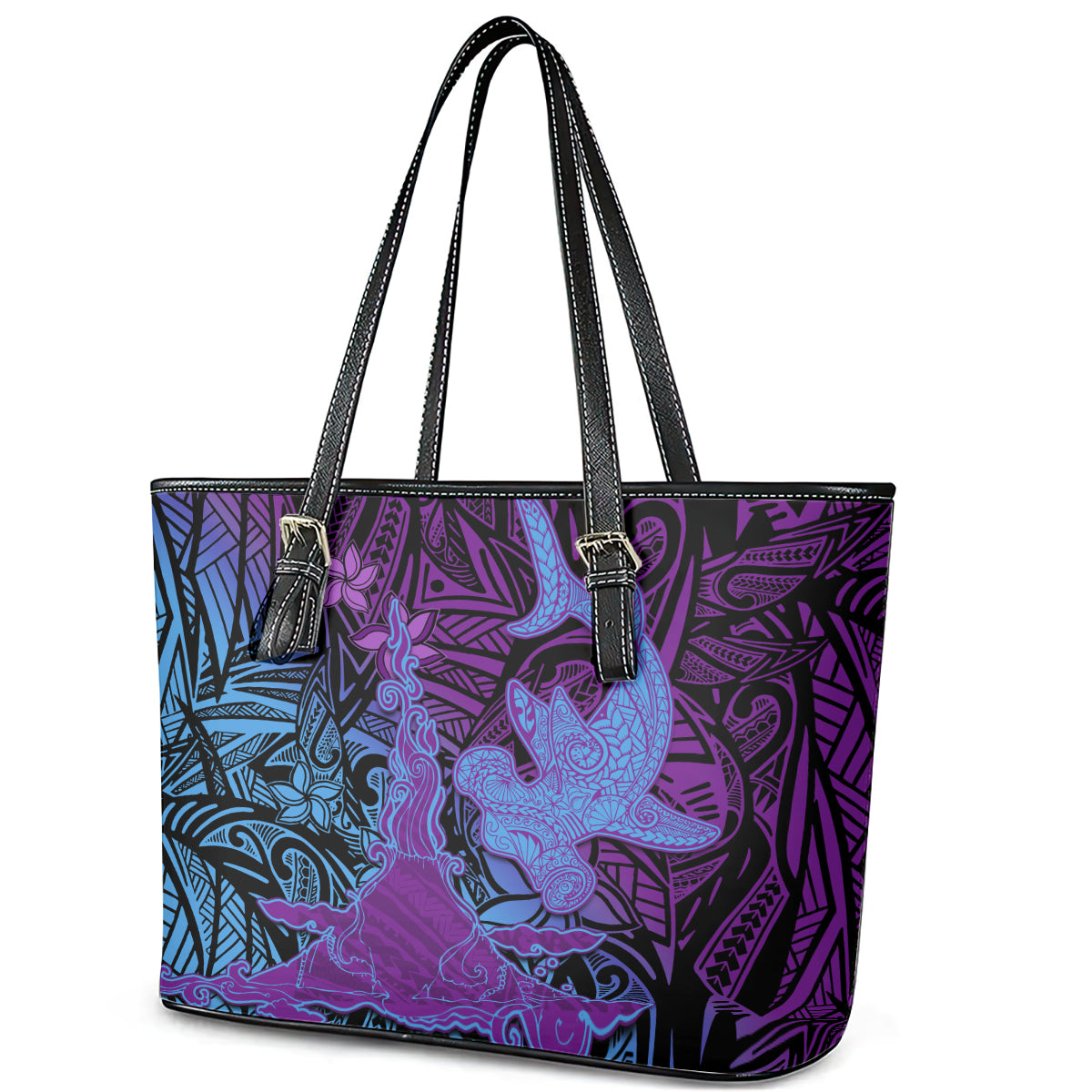 Hawaiian Volcano and Shark Leather Tote Bag Polynesian and Hibiscus Pattern Violet Gradient LT03 - Polynesian Pride