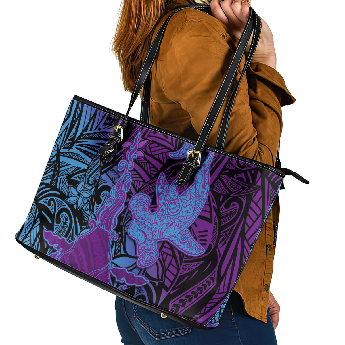 Hawaiian Volcano and Shark Leather Tote Bag Polynesian and Hibiscus Pattern Violet Gradient LT03 - Polynesian Pride