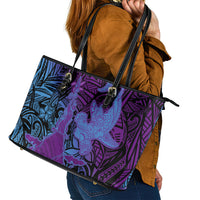 Hawaiian Volcano and Shark Leather Tote Bag Polynesian and Hibiscus Pattern Violet Gradient LT03 - Polynesian Pride