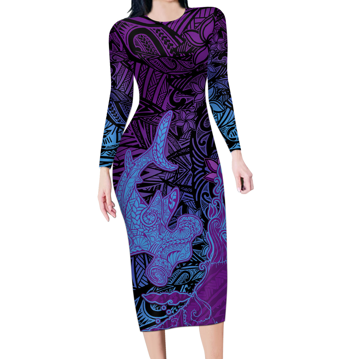 Hawaiian Volcano and Shark Long Sleeve Bodycon Dress Polynesian and Hibiscus Pattern Violet Gradient LT03 Long Dress Violet - Polynesian Pride