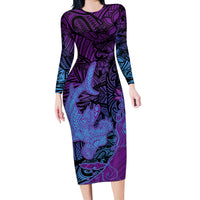 Hawaiian Volcano and Shark Long Sleeve Bodycon Dress Polynesian and Hibiscus Pattern Violet Gradient LT03 Long Dress Violet - Polynesian Pride