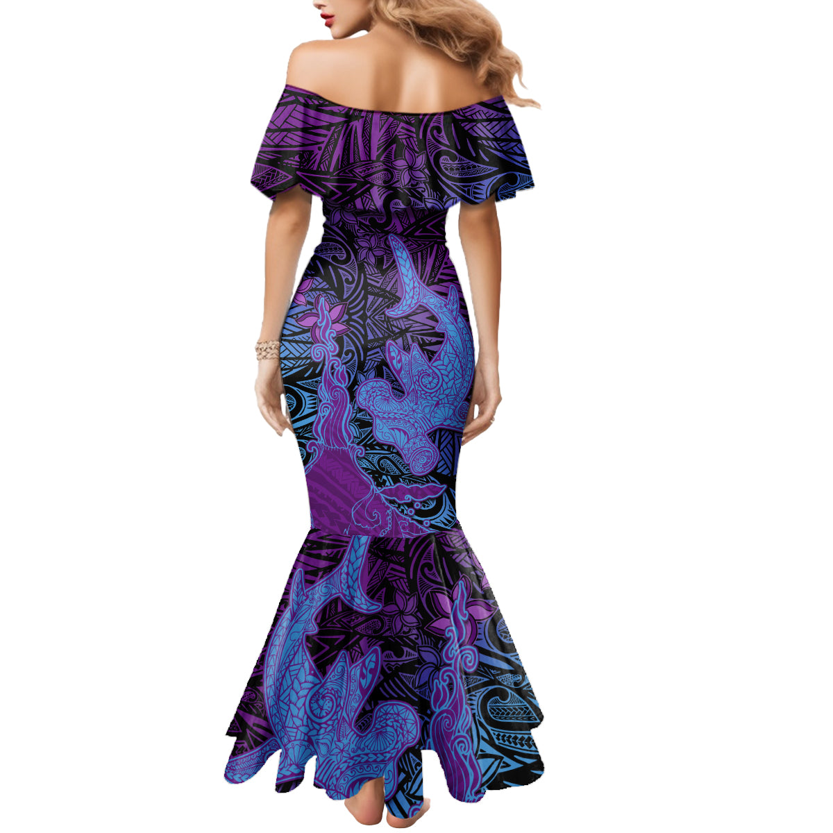 Hawaiian Volcano and Shark Mermaid Dress Polynesian and Hibiscus Pattern Violet Gradient