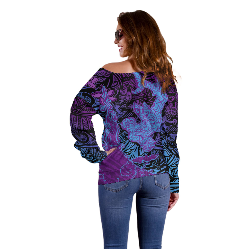 Hawaiian Volcano and Shark Off Shoulder Sweater Polynesian and Hibiscus Pattern Violet Gradient