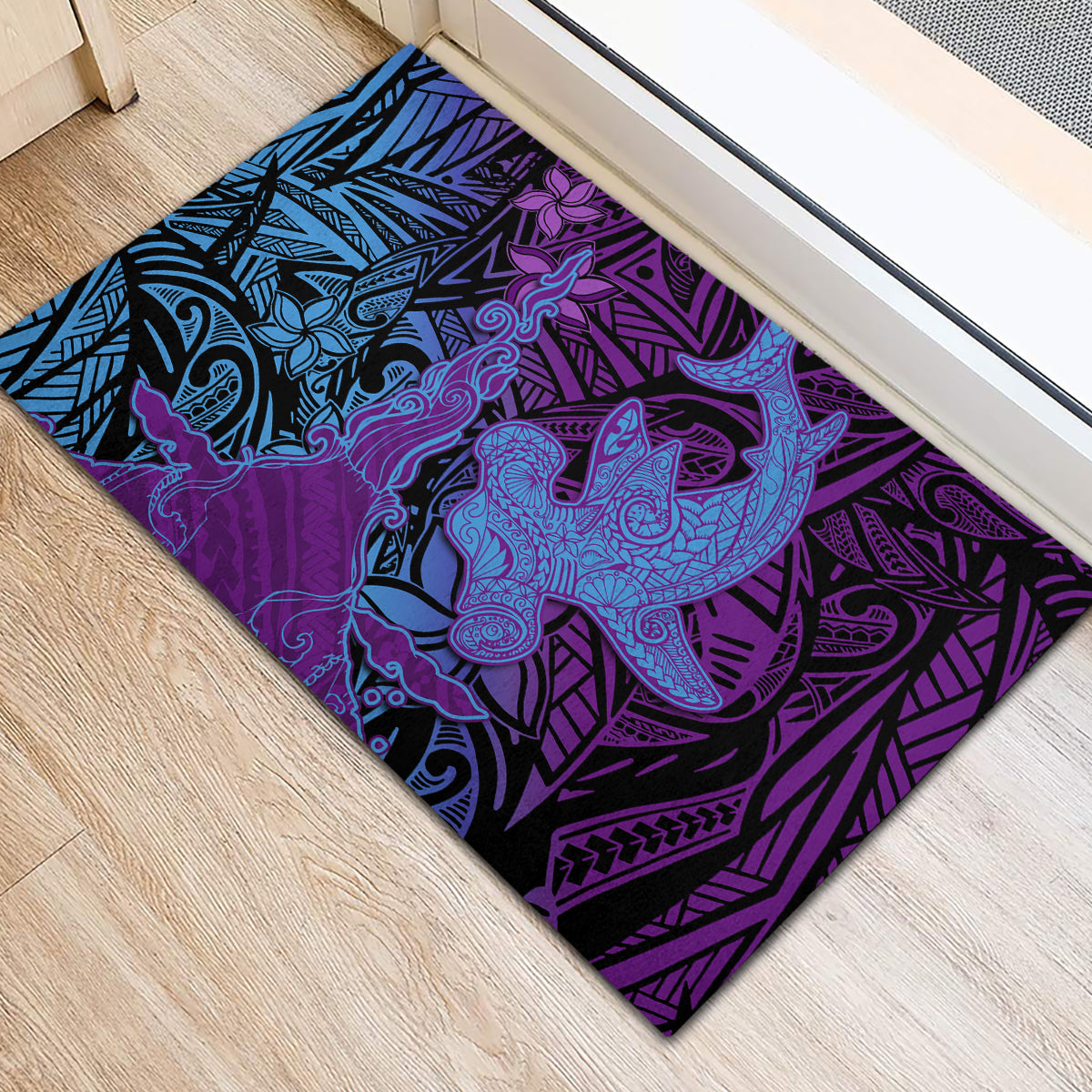 Hawaiian Volcano and Shark Rubber Doormat Polynesian and Hibiscus Pattern Violet Gradient LT03 - Polynesian Pride