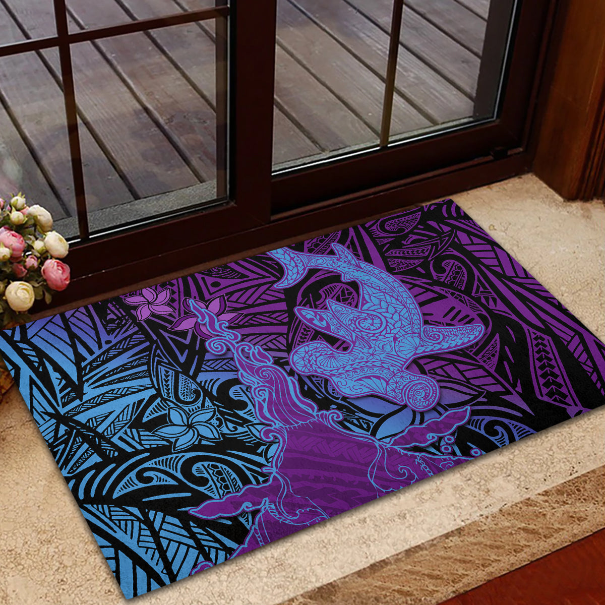 Hawaiian Volcano and Shark Rubber Doormat Polynesian and Hibiscus Pattern Violet Gradient LT03 - Polynesian Pride