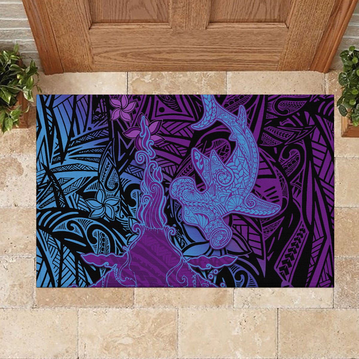 Hawaiian Volcano and Shark Rubber Doormat Polynesian and Hibiscus Pattern Violet Gradient LT03 - Polynesian Pride
