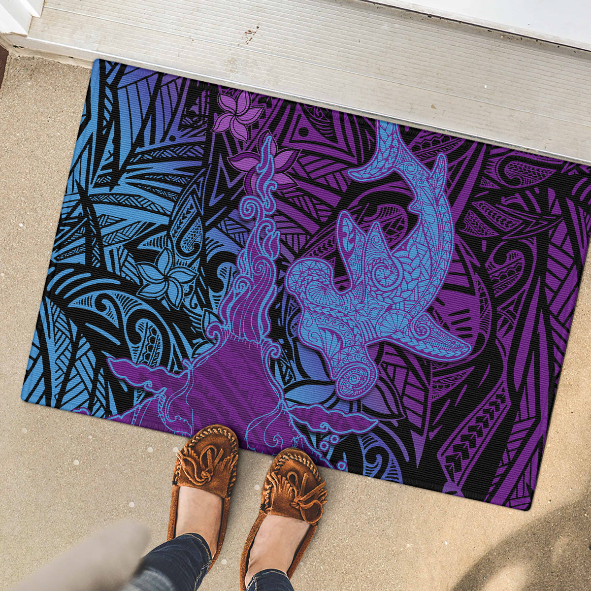 Hawaiian Volcano and Shark Rubber Doormat Polynesian and Hibiscus Pattern Violet Gradient LT03 - Polynesian Pride