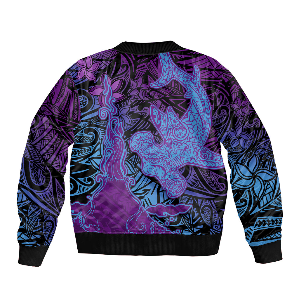 Hawaiian Volcano and Shark Sleeve Zip Bomber Jacket Polynesian and Hibiscus Pattern Violet Gradient
