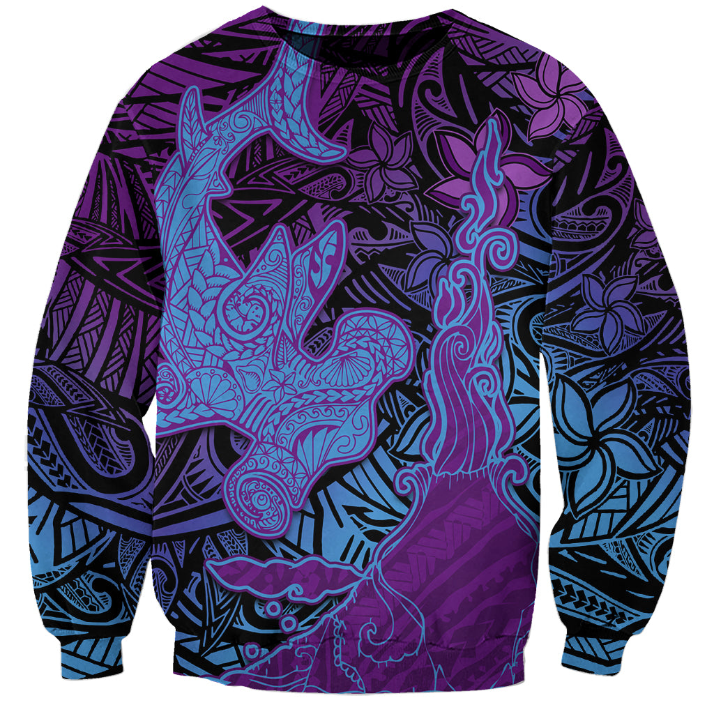 Hawaiian Volcano and Shark Sweatshirt Polynesian and Hibiscus Pattern Violet Gradient LT03 Unisex Violet - Polynesian Pride