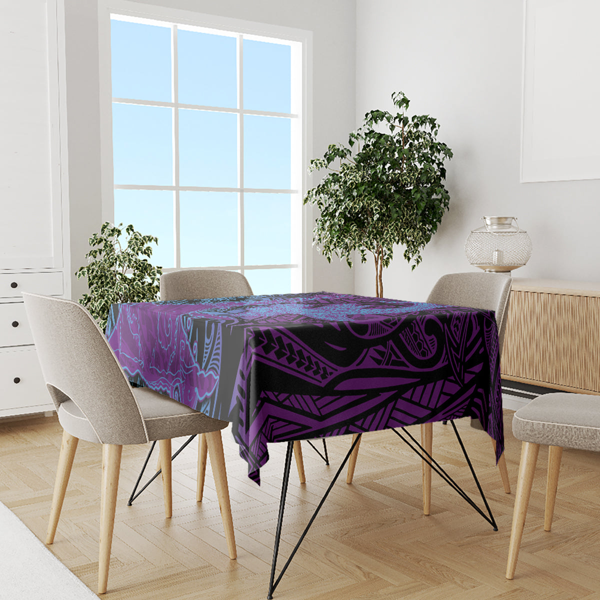Hawaiian Volcano and Shark Tablecloth Polynesian and Hibiscus Pattern Violet Gradient