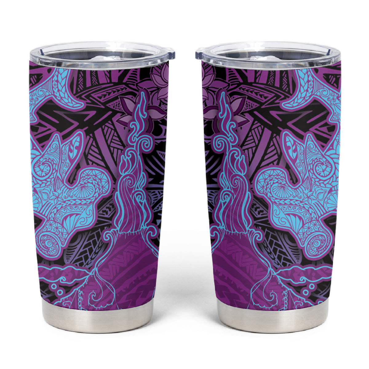 Hawaiian Volcano and Shark Tumbler Cup Polynesian and Hibiscus Pattern Violet Gradient