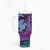 Hawaiian Volcano and Shark Tumbler With Handle Polynesian and Hibiscus Pattern Violet Gradient