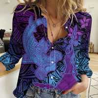Hawaiian Volcano and Shark Women Casual Shirt Polynesian and Hibiscus Pattern Violet Gradient