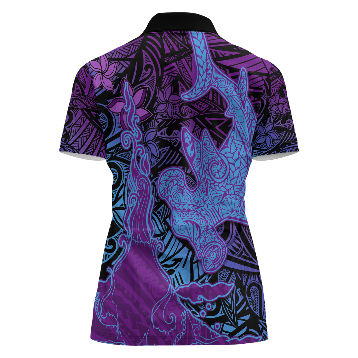 Hawaiian Volcano and Shark Women Polo Shirt Polynesian and Hibiscus Pattern Violet Gradient