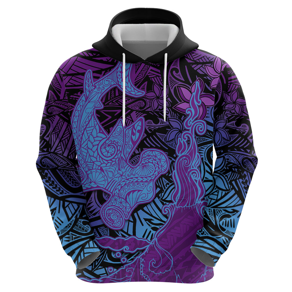 Hawaiian Volcano and Shark Zip Hoodie Polynesian and Hibiscus Pattern Violet Gradient