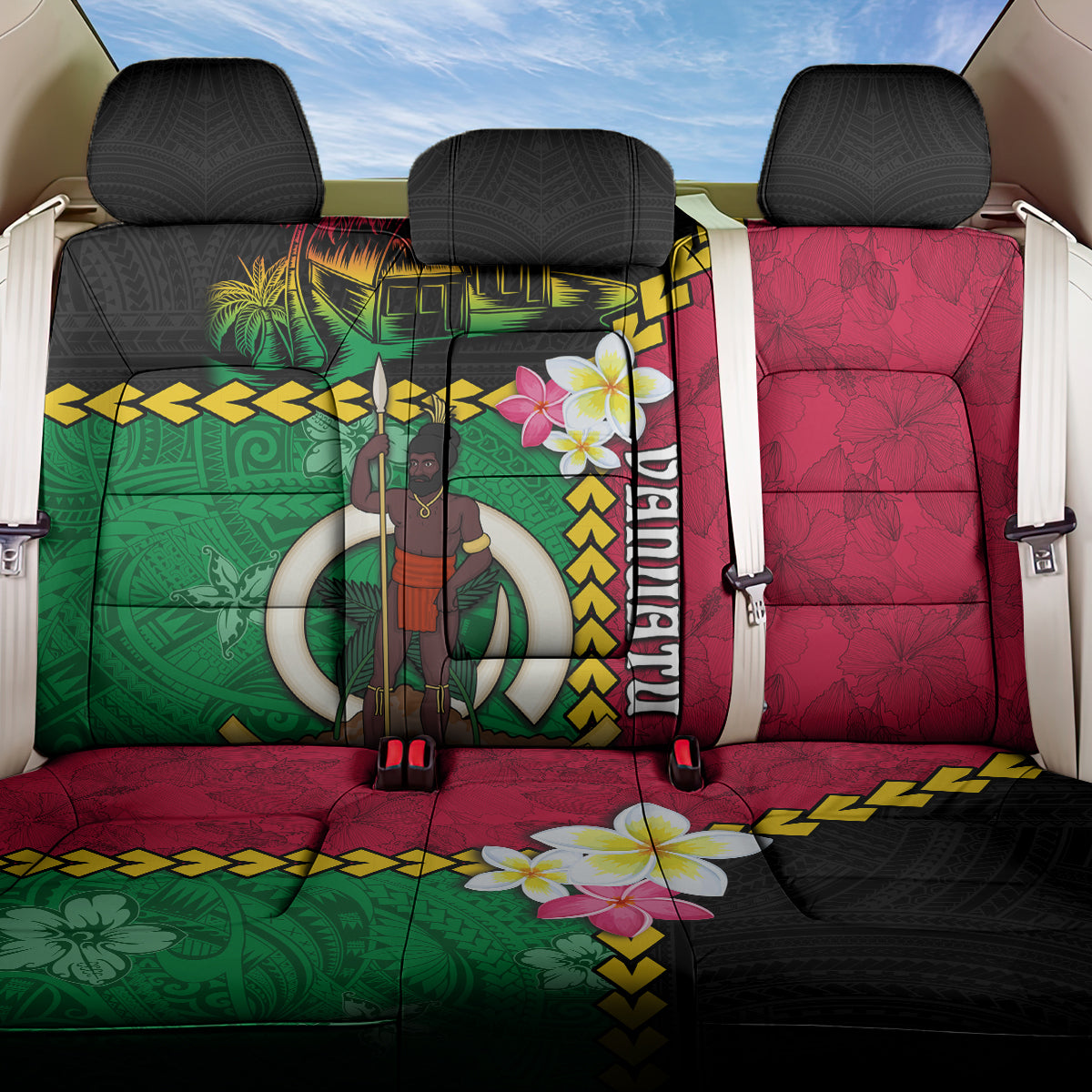 Vanuatu Nakamal and Plumeria Flowers Back Car Seat Cover Polynesian Pattern