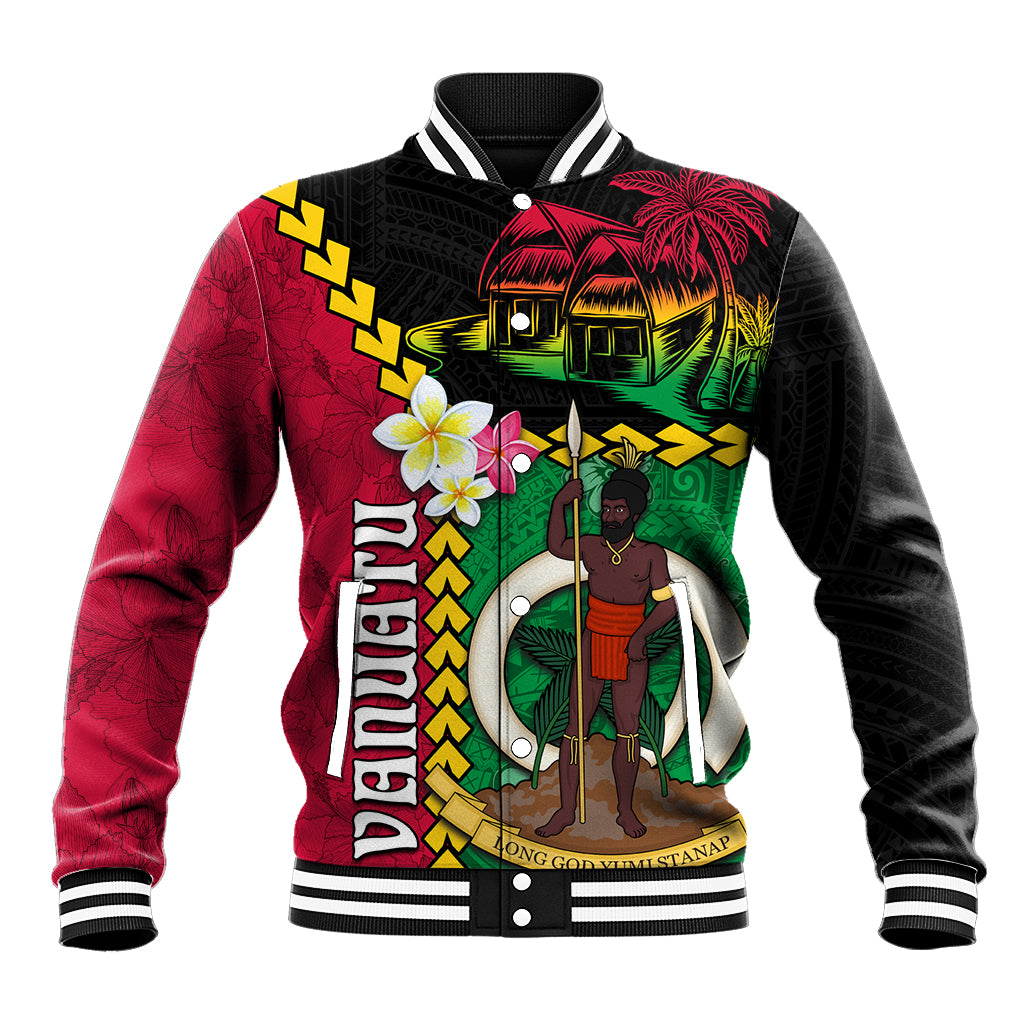 Vanuatu Nakamal and Plumeria Flowers Baseball Jacket Polynesian Pattern LT03 Unisex Black - Polynesian Pride