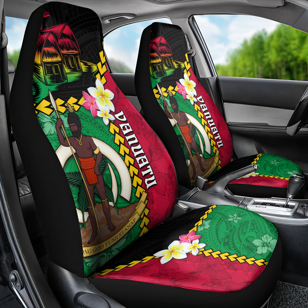 Vanuatu Nakamal and Plumeria Flowers Car Seat Cover Polynesian Pattern