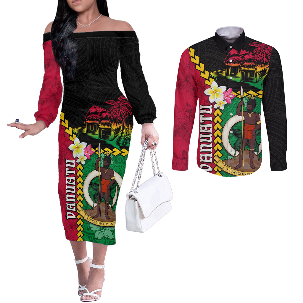 Vanuatu Nakamal and Plumeria Flowers Couples Matching Off The Shoulder Long Sleeve Dress and Long Sleeve Button Shirt Polynesian Pattern LT03 Black - Polynesian Pride