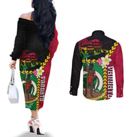 Vanuatu Nakamal and Plumeria Flowers Couples Matching Off The Shoulder Long Sleeve Dress and Long Sleeve Button Shirt Polynesian Pattern LT03 - Polynesian Pride