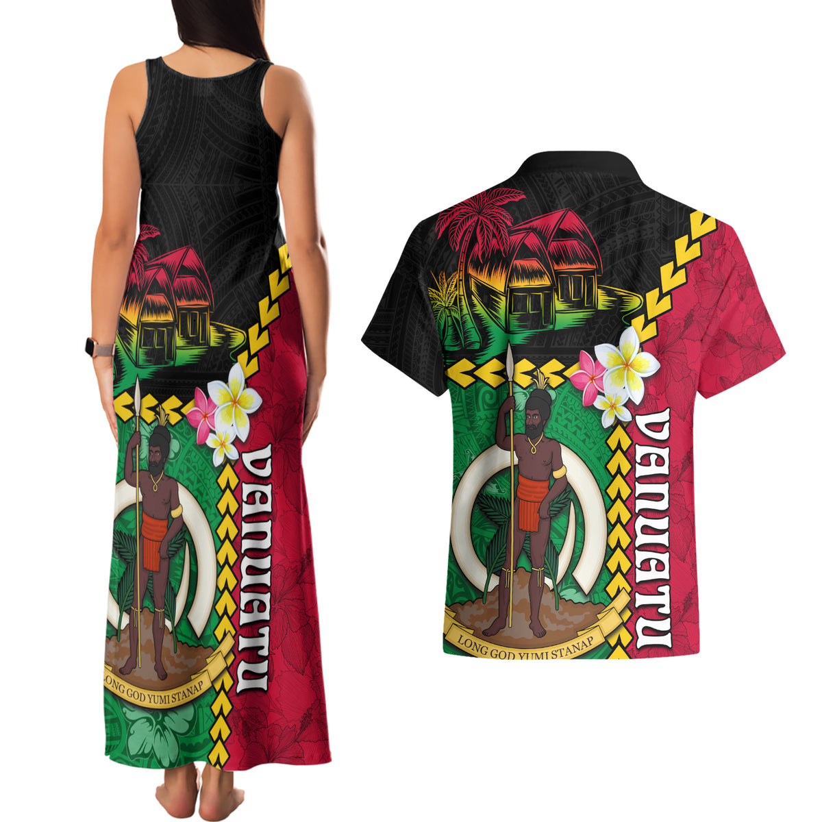 Vanuatu Nakamal and Plumeria Flowers Couples Matching Tank Maxi Dress and Hawaiian Shirt Polynesian Pattern LT03 - Polynesian Pride