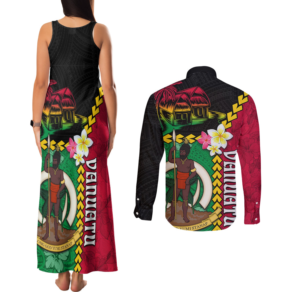 Vanuatu Nakamal and Plumeria Flowers Couples Matching Tank Maxi Dress and Long Sleeve Button Shirt Polynesian Pattern LT03 - Polynesian Pride