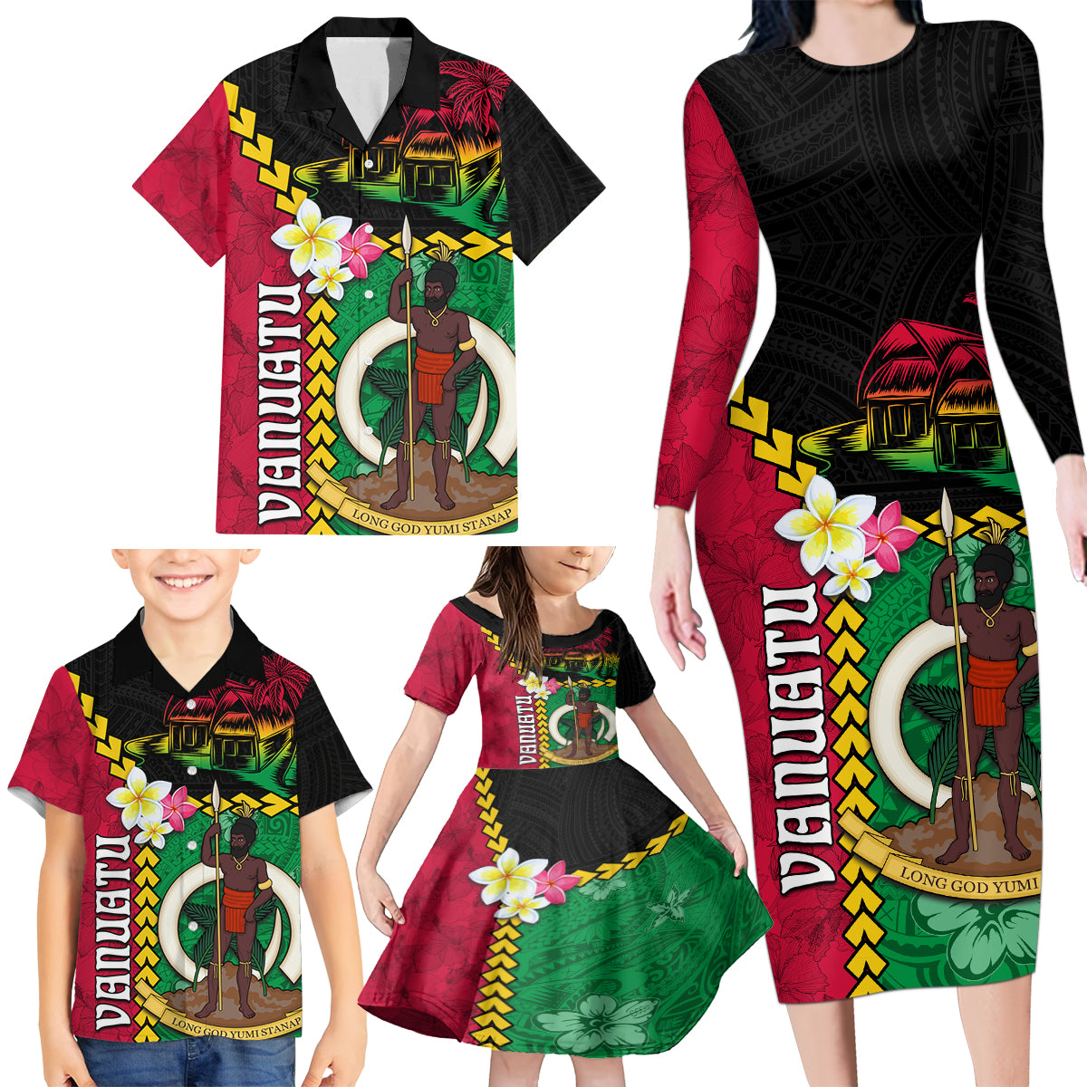 Vanuatu Nakamal and Plumeria Flowers Family Matching Long Sleeve Bodycon Dress and Hawaiian Shirt Polynesian Pattern LT03 - Polynesian Pride