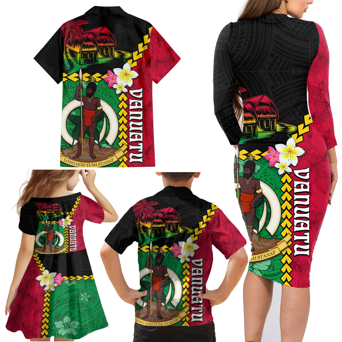 Vanuatu Nakamal and Plumeria Flowers Family Matching Long Sleeve Bodycon Dress and Hawaiian Shirt Polynesian Pattern LT03 - Polynesian Pride