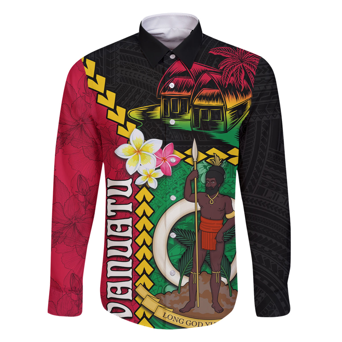 Vanuatu Nakamal and Plumeria Flowers Family Matching Long Sleeve Bodycon Dress and Hawaiian Shirt Polynesian Pattern LT03 Dad's Shirt - Long Sleeve Black - Polynesian Pride