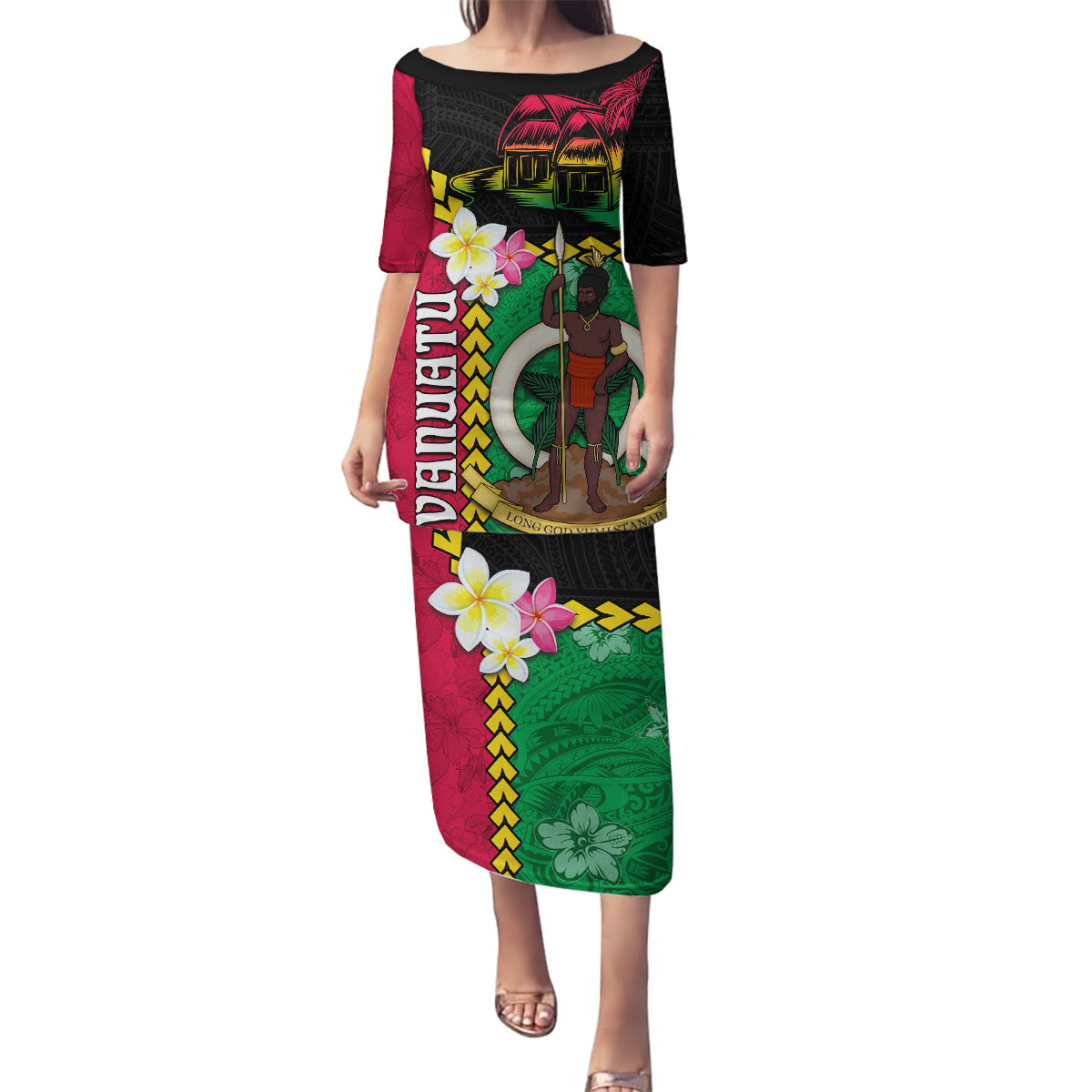 Vanuatu Nakamal and Plumeria Flowers Family Matching Puletasi and Hawaiian Shirt Polynesian Pattern LT03 Mom's Dress Black - Polynesian Pride