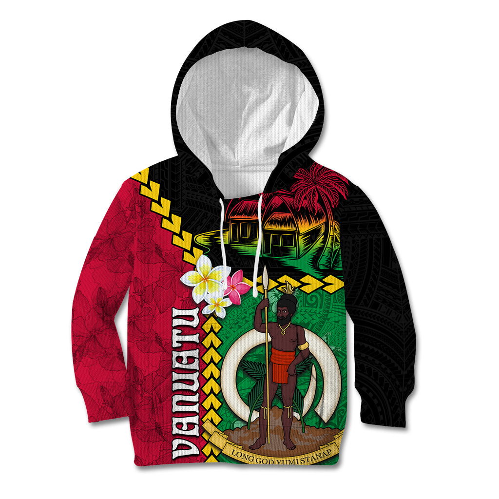 Vanuatu Nakamal and Plumeria Flowers Kid Hoodie Polynesian Pattern LT03 Hoodie Black - Polynesian Pride
