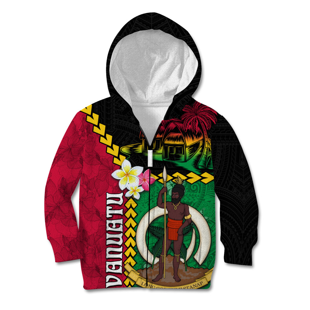 Vanuatu Nakamal and Plumeria Flowers Kid Hoodie Polynesian Pattern LT03 Zip Hoodie Black - Polynesian Pride