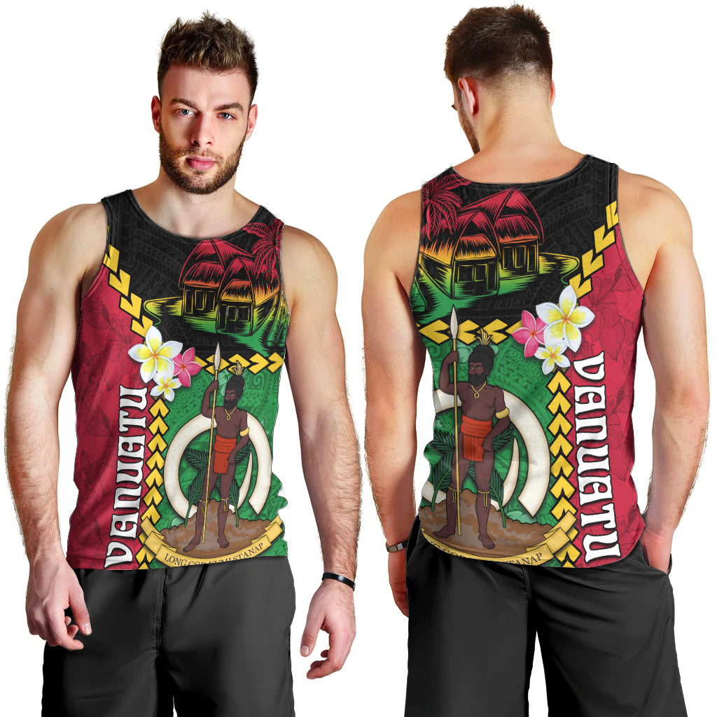 Vanuatu Nakamal and Plumeria Flowers Men Tank Top Polynesian Pattern
